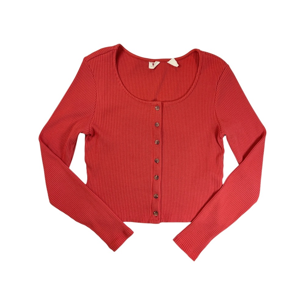 Levi's Cardigan Top Women Large Red Ribbed Knit Long Sleeve A3391-0000